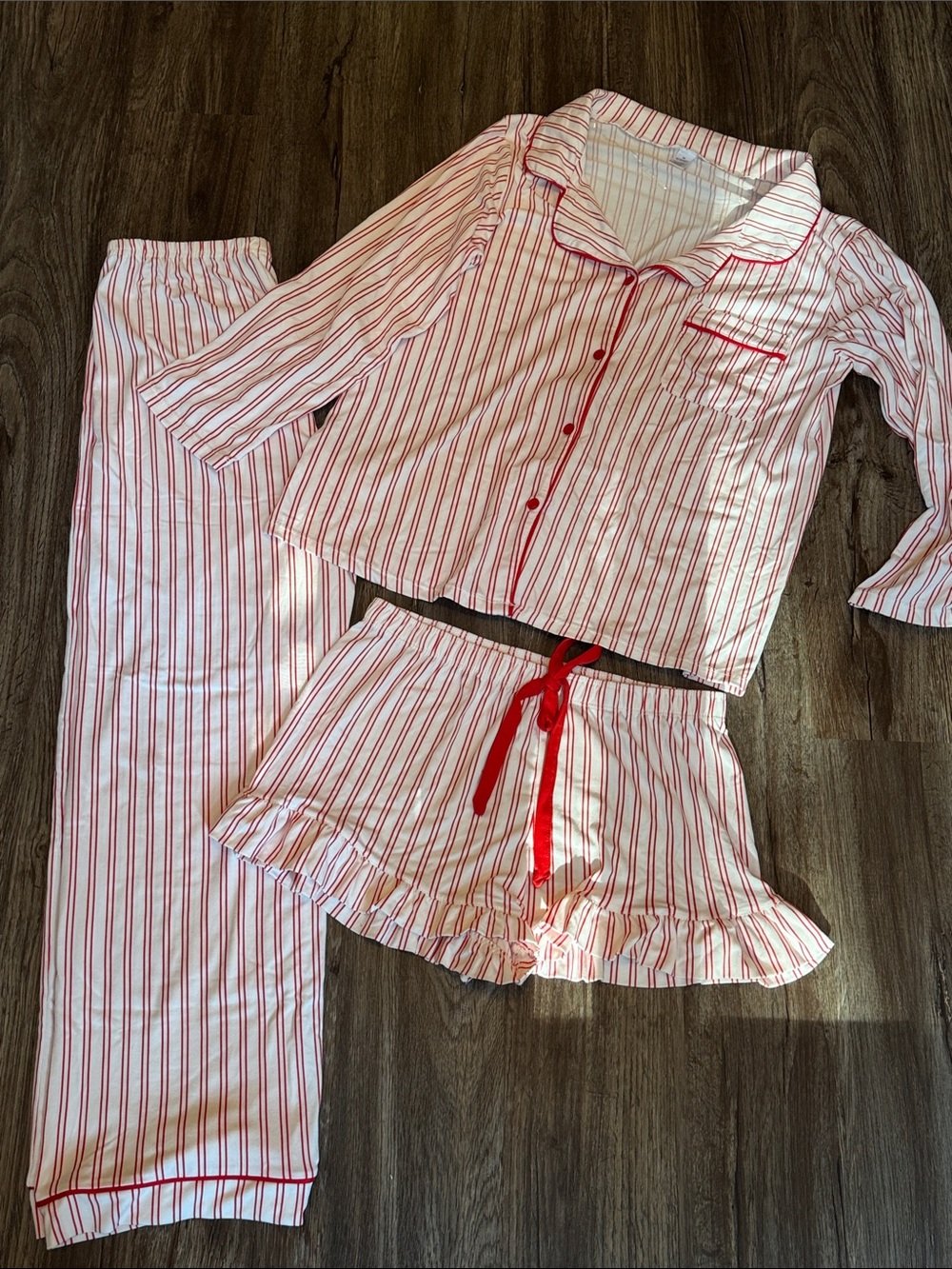 3 piece - Red & White Striped Pajama Set